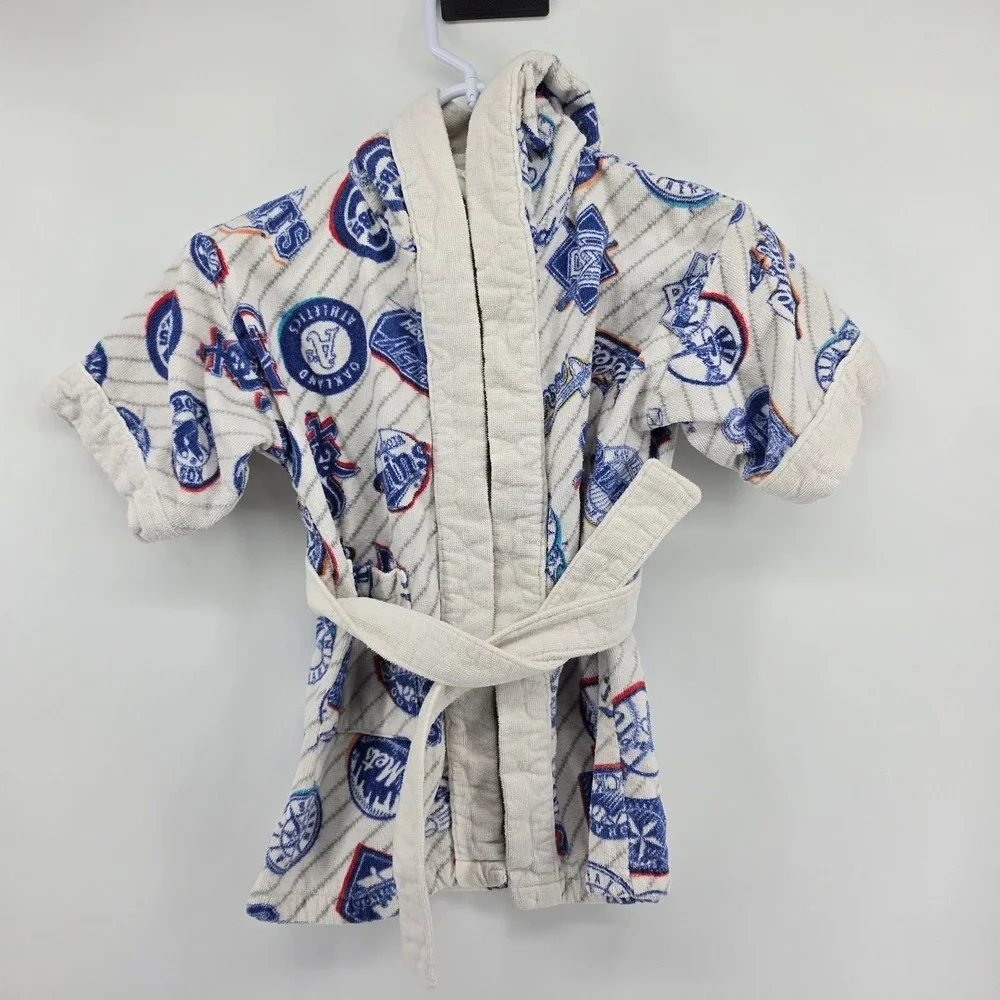 Vintage 1995 MLB All Over Print Team Logo Hooded Bath Robe Kids 4T Terry Cloth